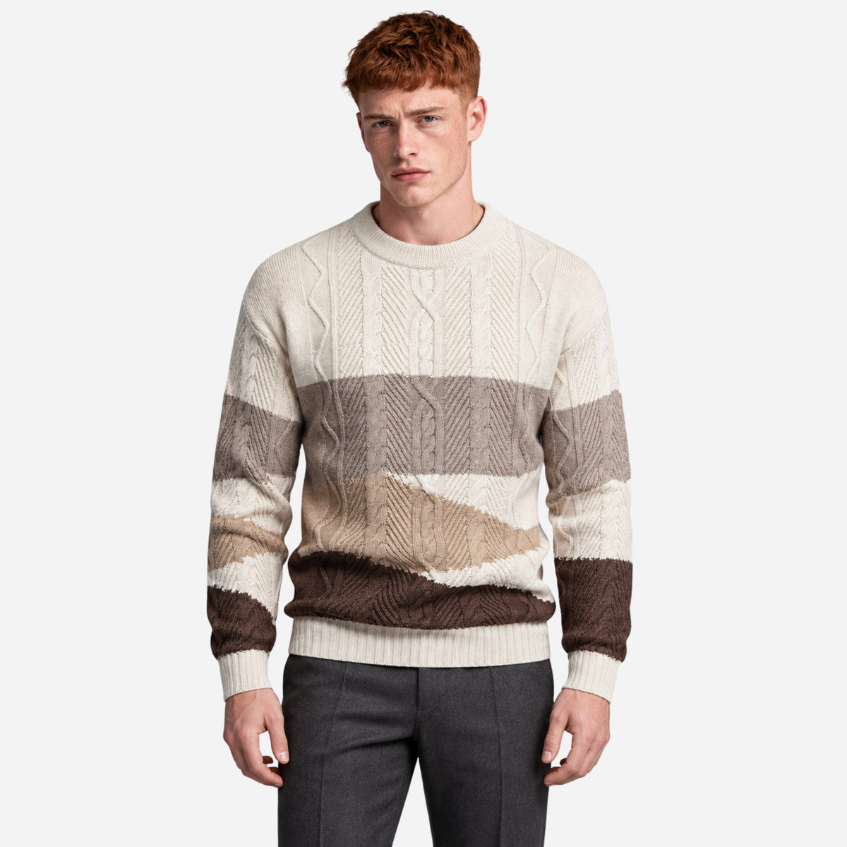 Men’s Panelled Cable Knit Mock-Neck Jumper-Fowsa