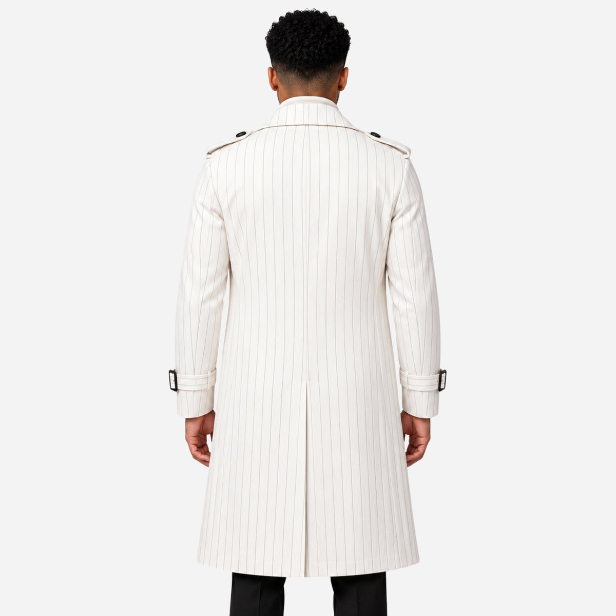Men’s Pinstriped Double-Breasted Long Trench Coat-Fowsa