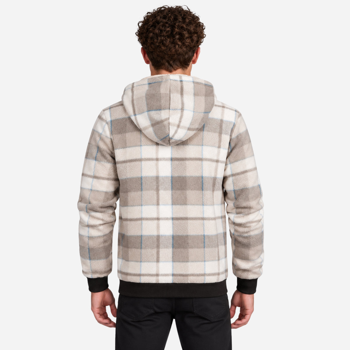 Men’s Plaid Sherpa-Lined Hooded Fleece Jacket-Fowsa