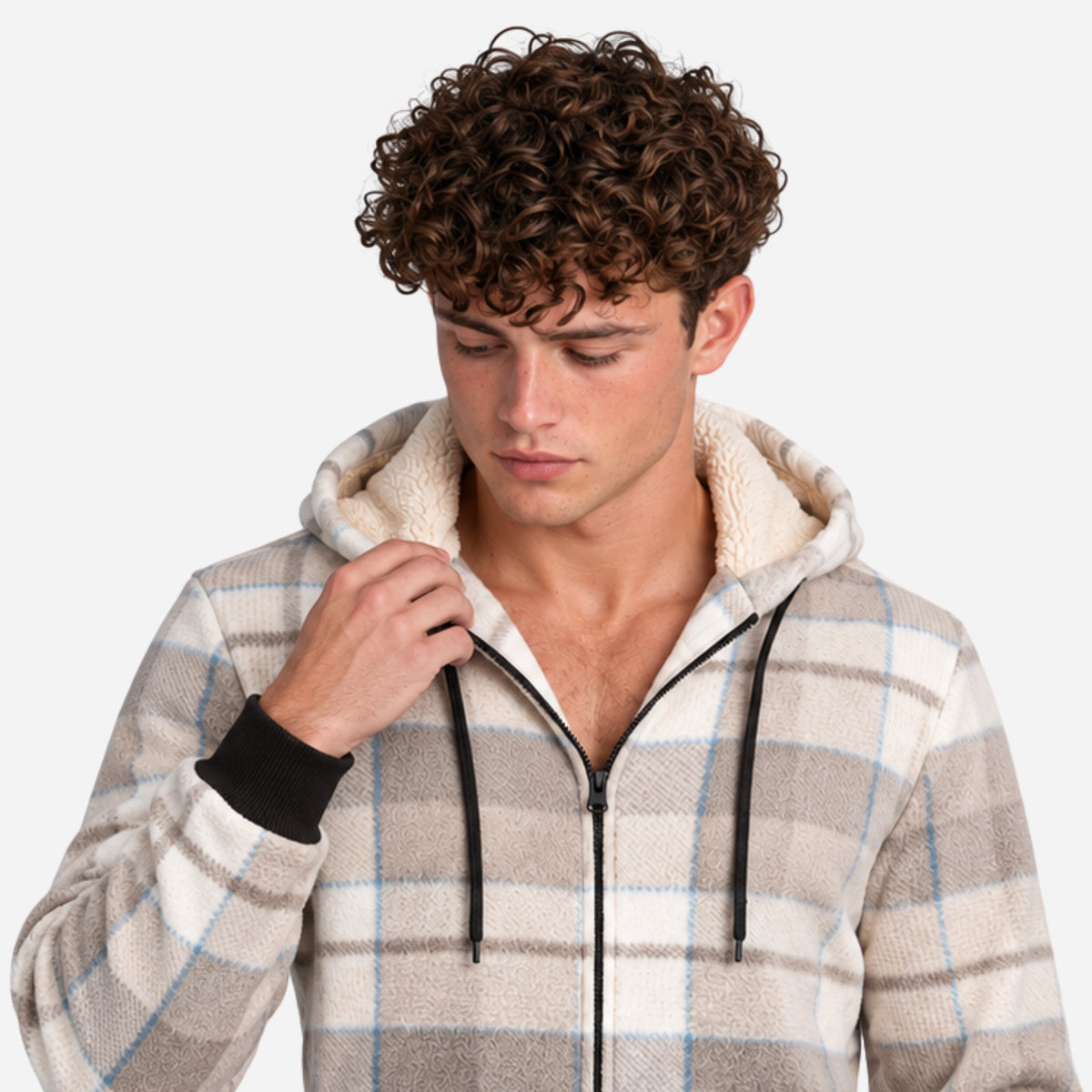 Men’s Plaid Sherpa-Lined Hooded Fleece Jacket-Fowsa