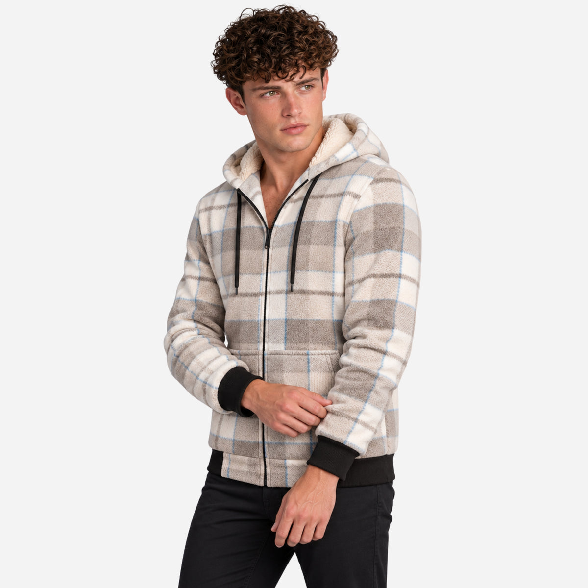 Men’s Plaid Sherpa-Lined Hooded Fleece Jacket-Fowsa