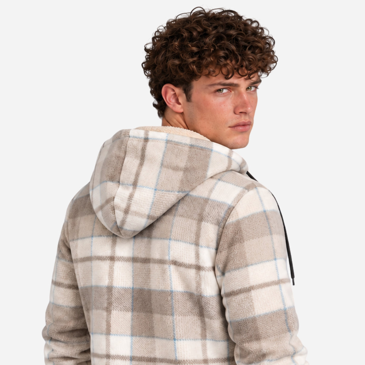 Men’s Plaid Sherpa-Lined Hooded Fleece Jacket-Fowsa