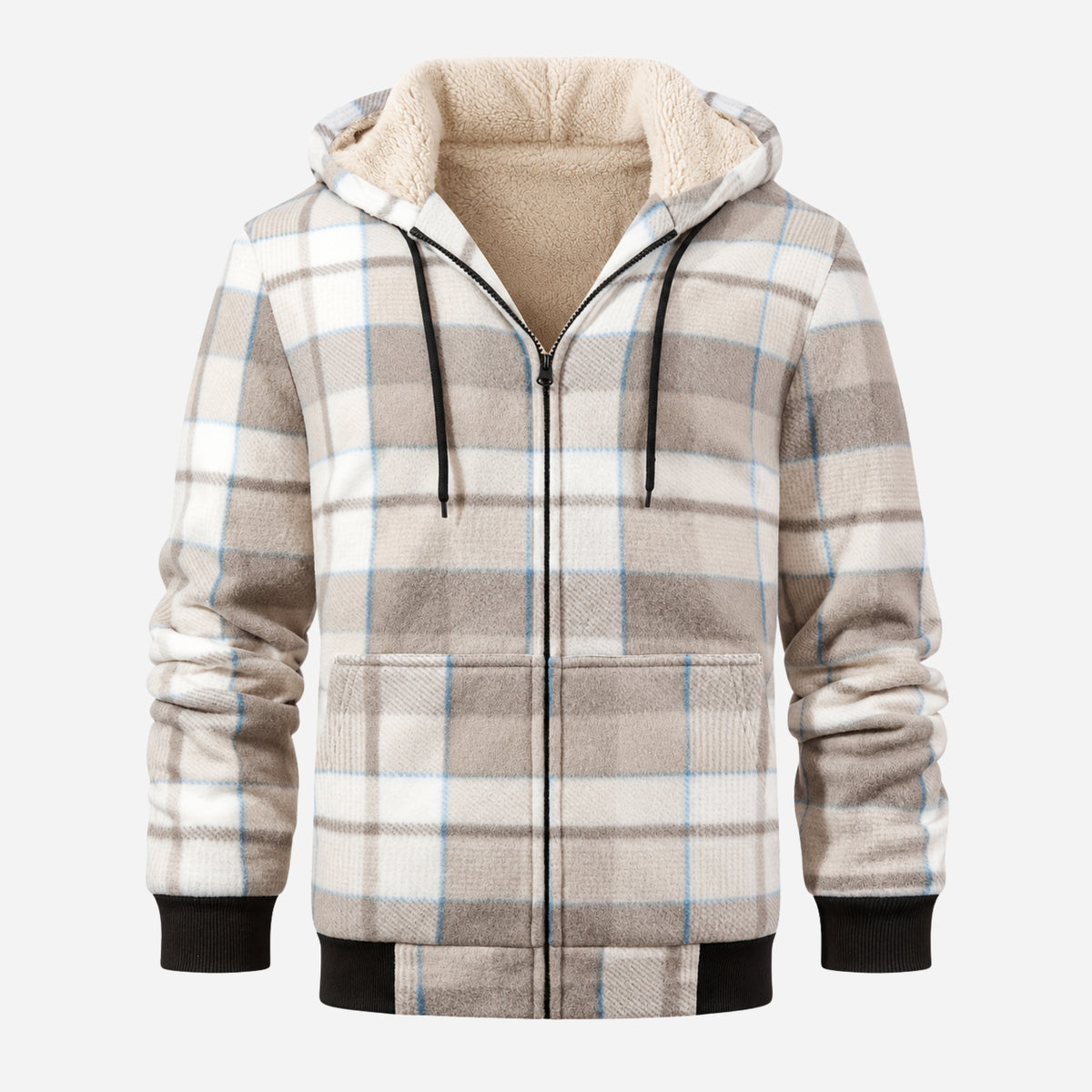 Men’s Plaid Sherpa-Lined Hooded Fleece Jacket-Fowsa