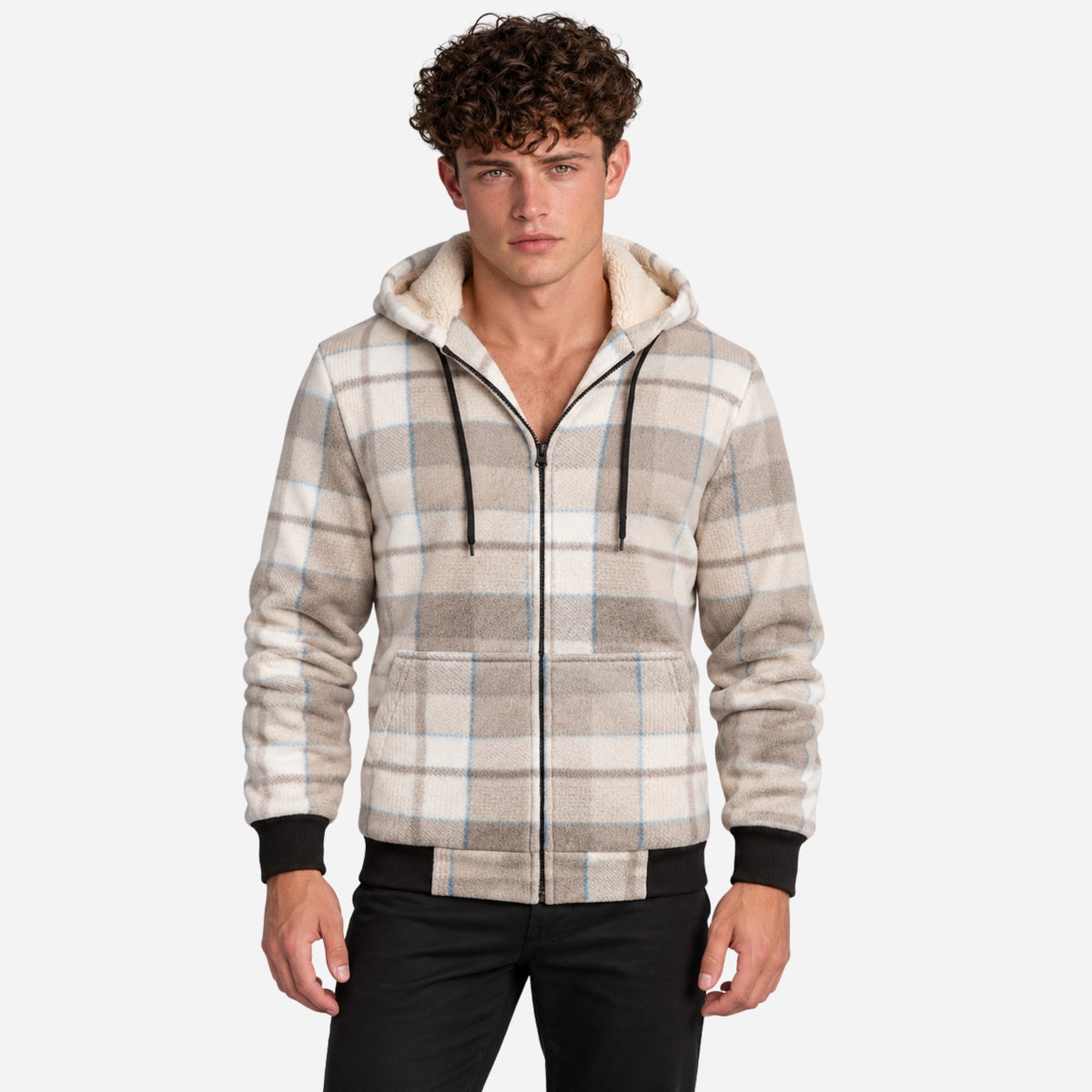 Men’s Plaid Sherpa-Lined Hooded Fleece Jacket-Fowsa