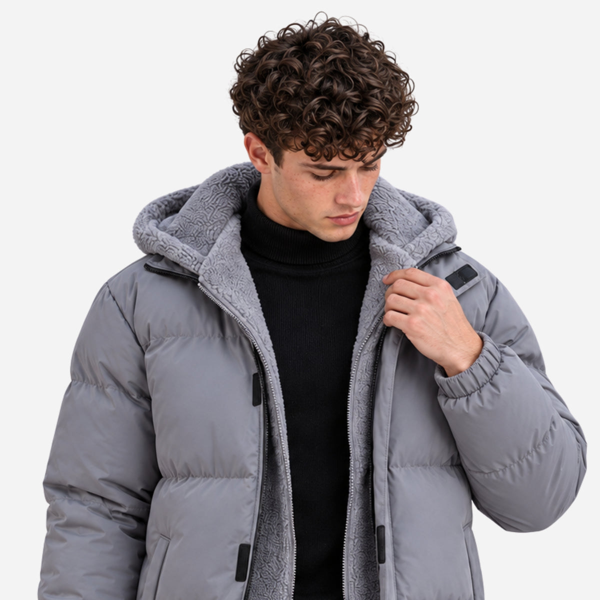 Men’s Plush-Lined Drawcord-Hem Hooded Puffer Jacket-Fowsa