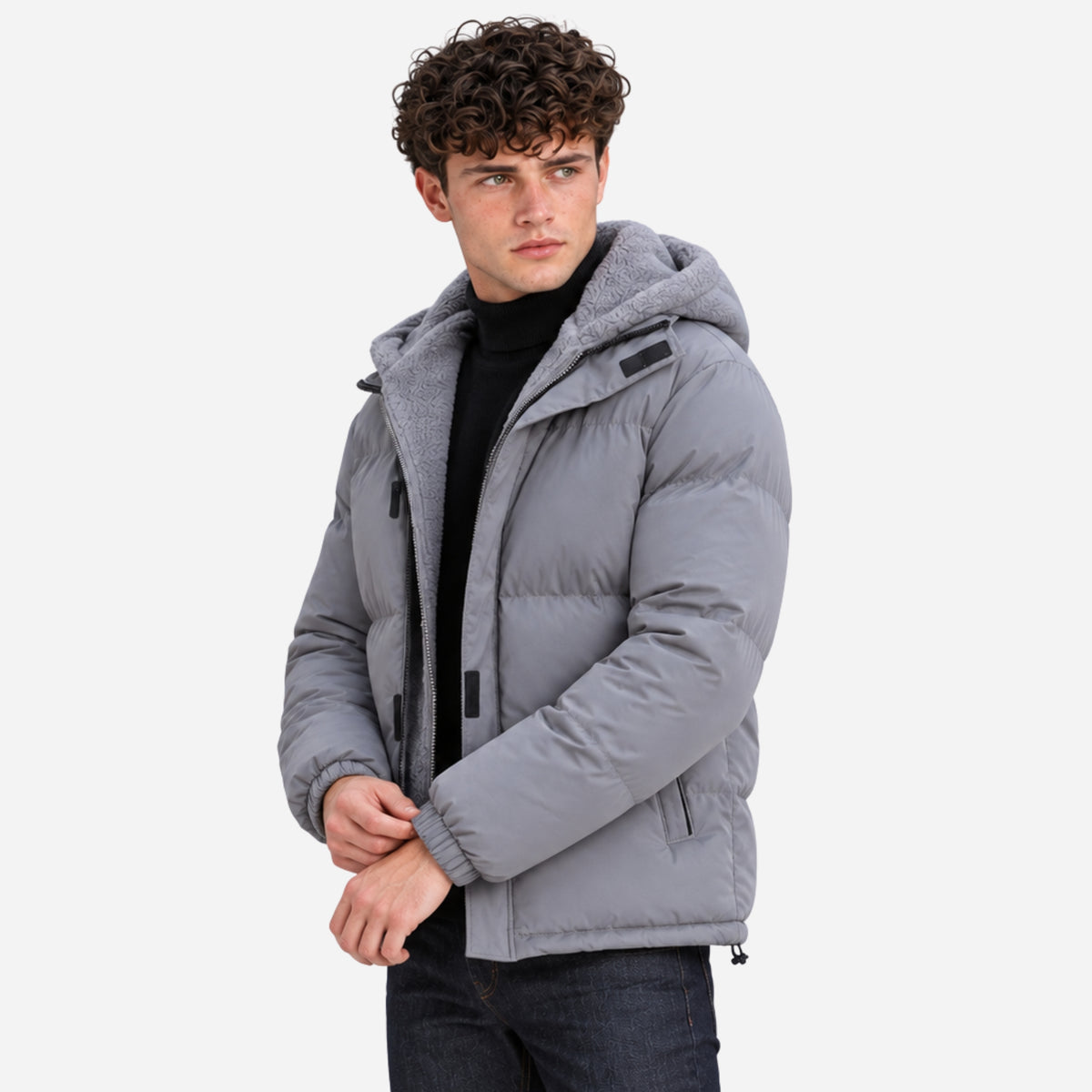 Men’s Plush-Lined Drawcord-Hem Hooded Puffer Jacket-Fowsa