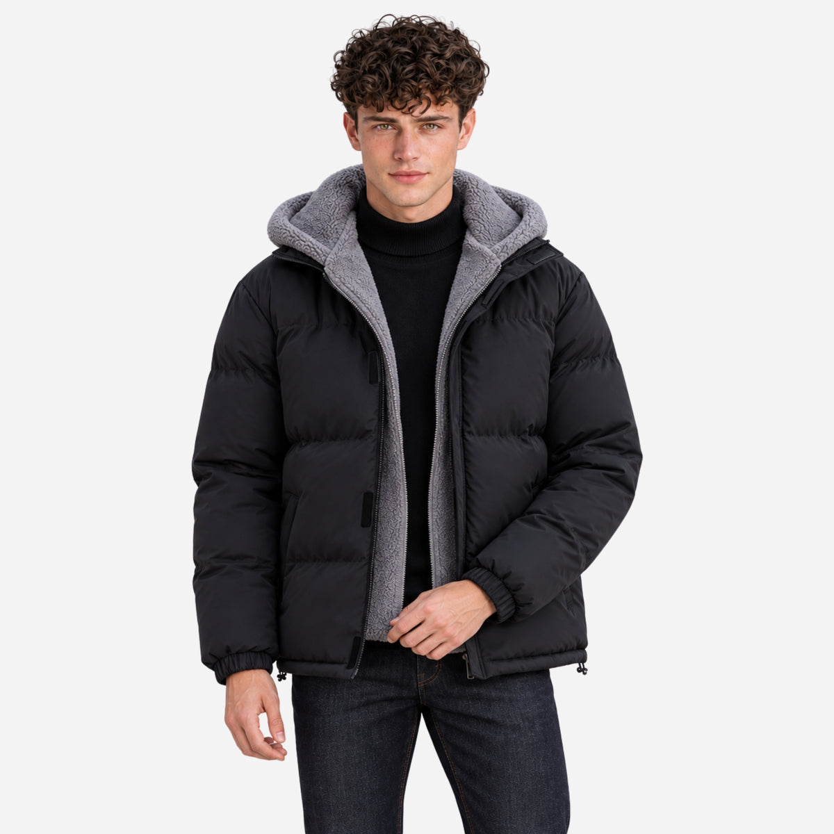 Men’s Plush-Lined Drawcord-Hem Hooded Puffer Jacket-Fowsa