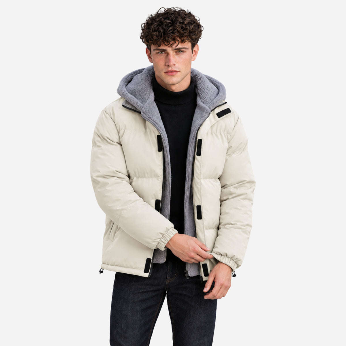 Men’s Plush-Lined Drawcord-Hem Hooded Puffer Jacket-Fowsa