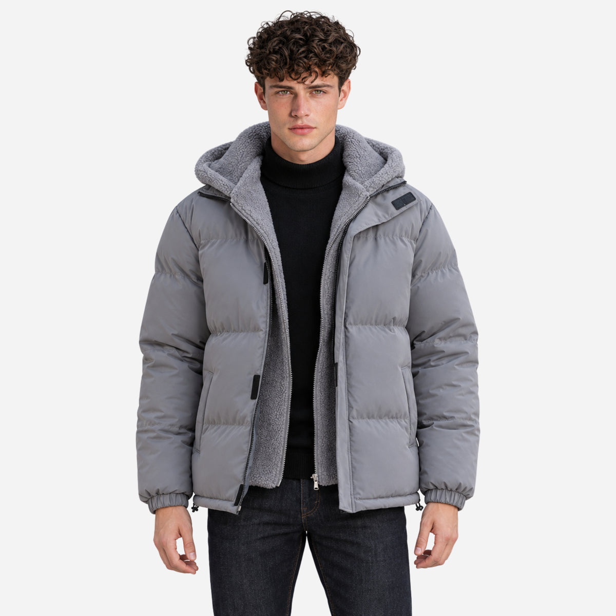 Men’s Plush-Lined Drawcord-Hem Hooded Puffer Jacket-Fowsa