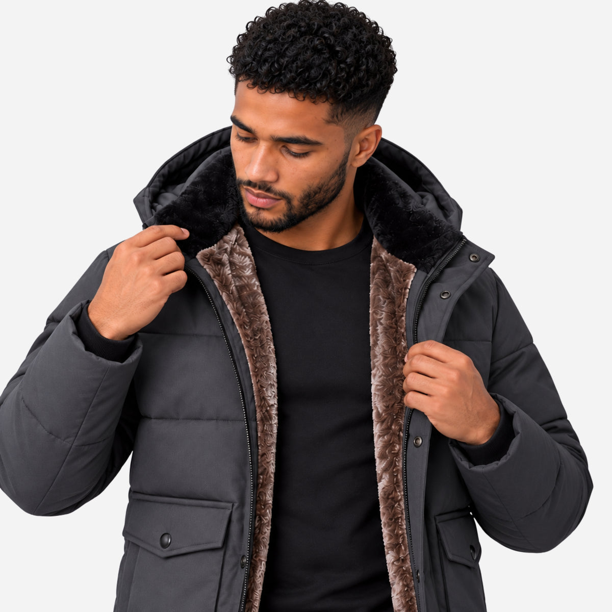 Men’s Plush-Lined Hooded Padded Jacket-Fowsa