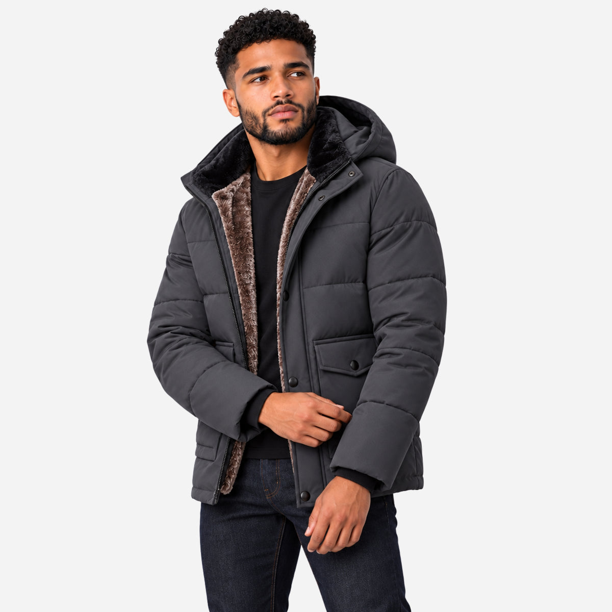 Men’s Plush-Lined Hooded Padded Jacket-Fowsa