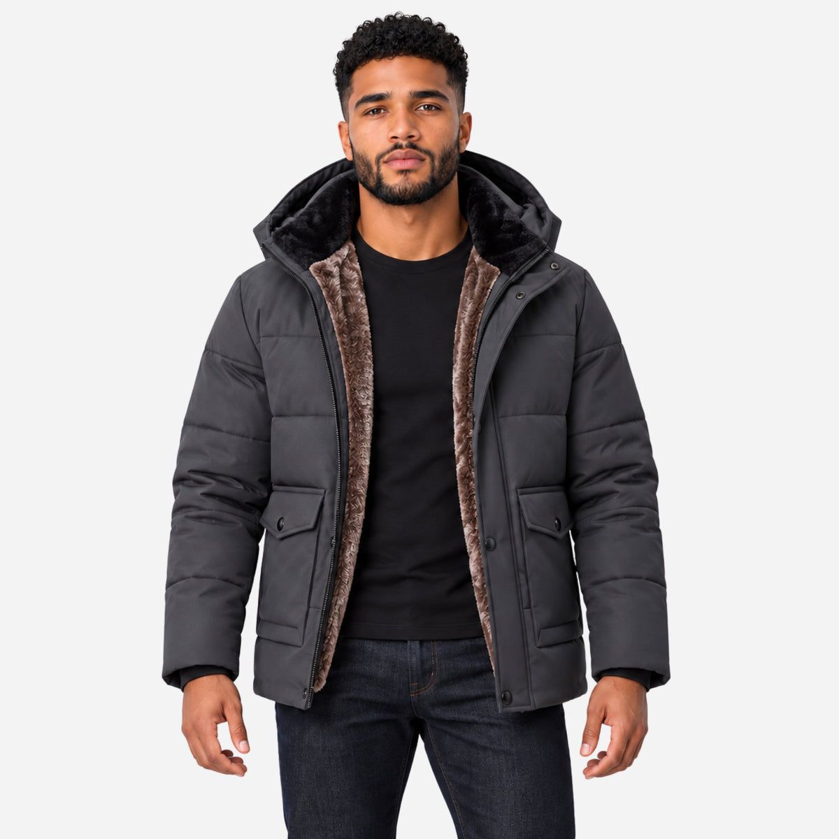 Men’s Plush-Lined Hooded Padded Jacket-Fowsa