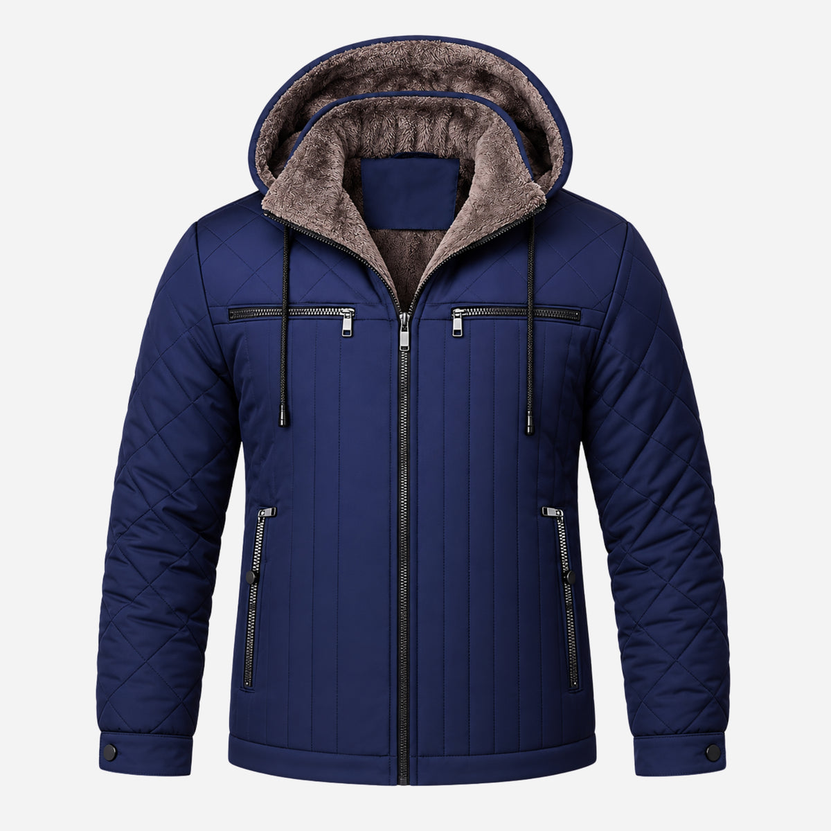 Men’s Plush-Lined Multi-Pocket Quilted Hooded Jacket-Fowsa