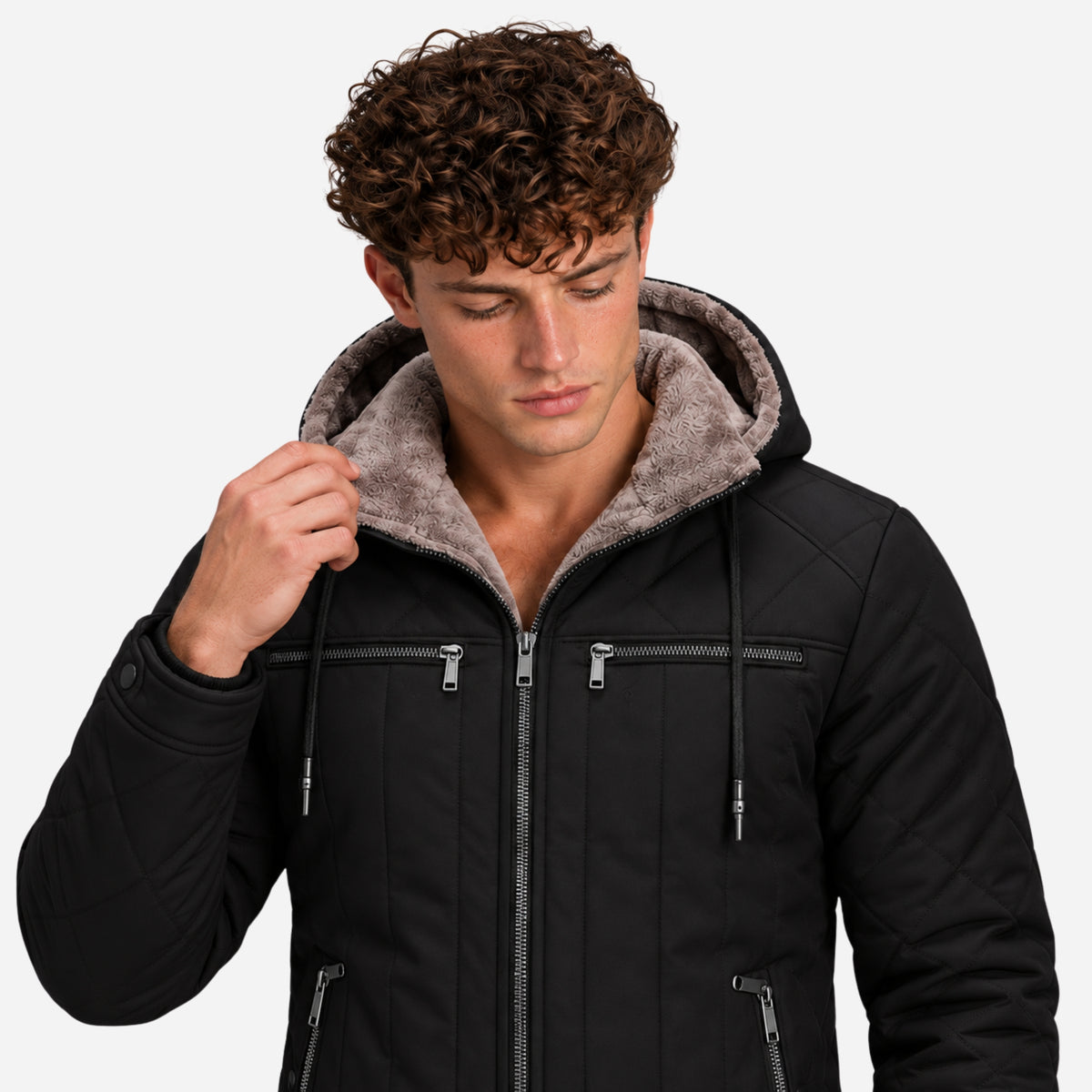 Men’s Plush-Lined Multi-Pocket Quilted Hooded Jacket-Fowsa