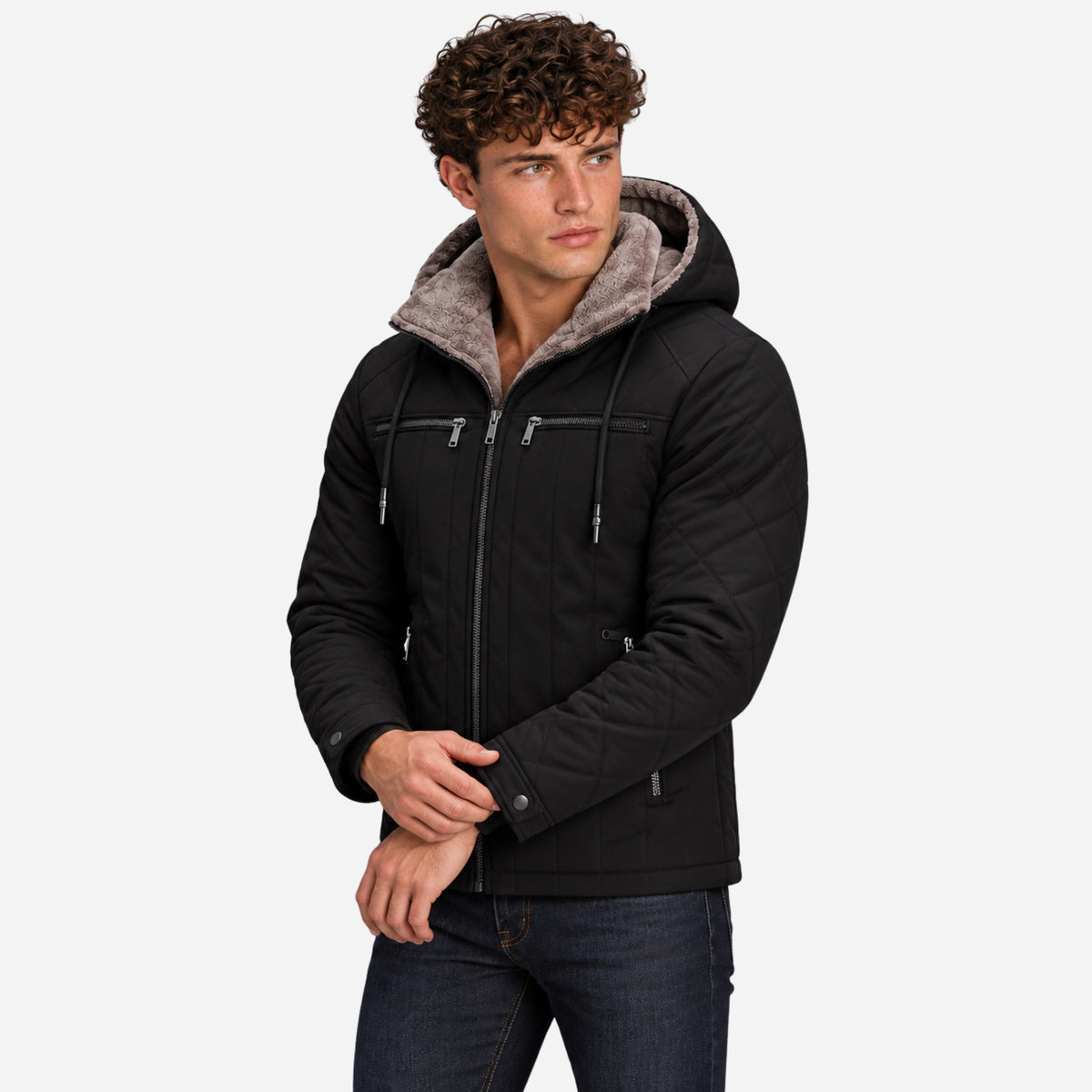 Men’s Plush-Lined Multi-Pocket Quilted Hooded Jacket-Fowsa