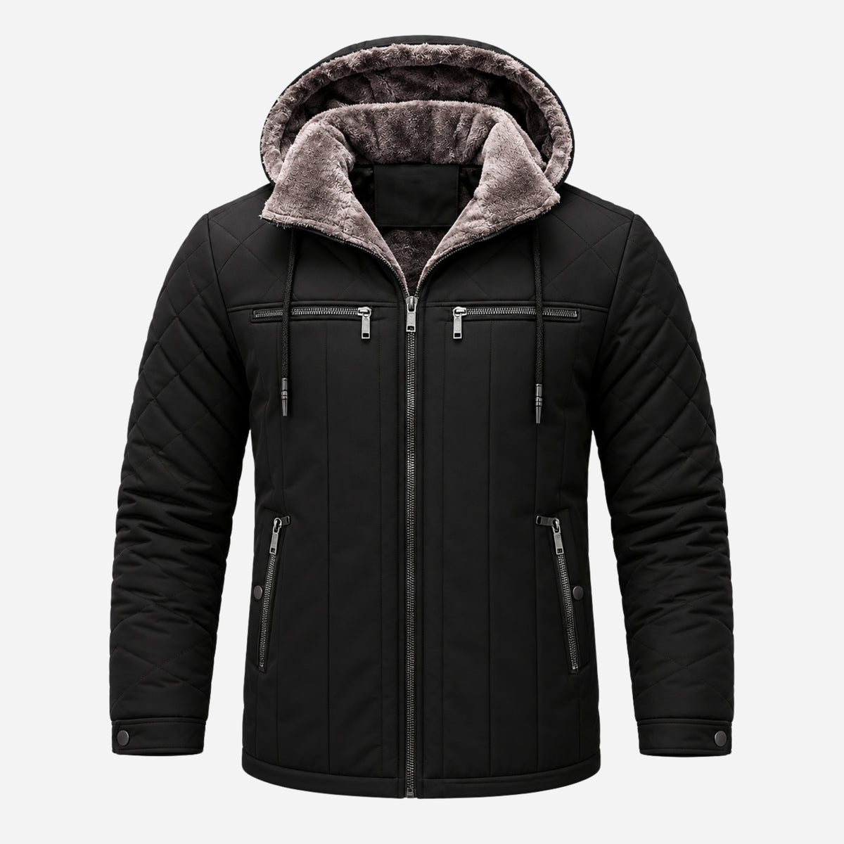 Men’s Plush-Lined Multi-Pocket Quilted Hooded Jacket-Fowsa