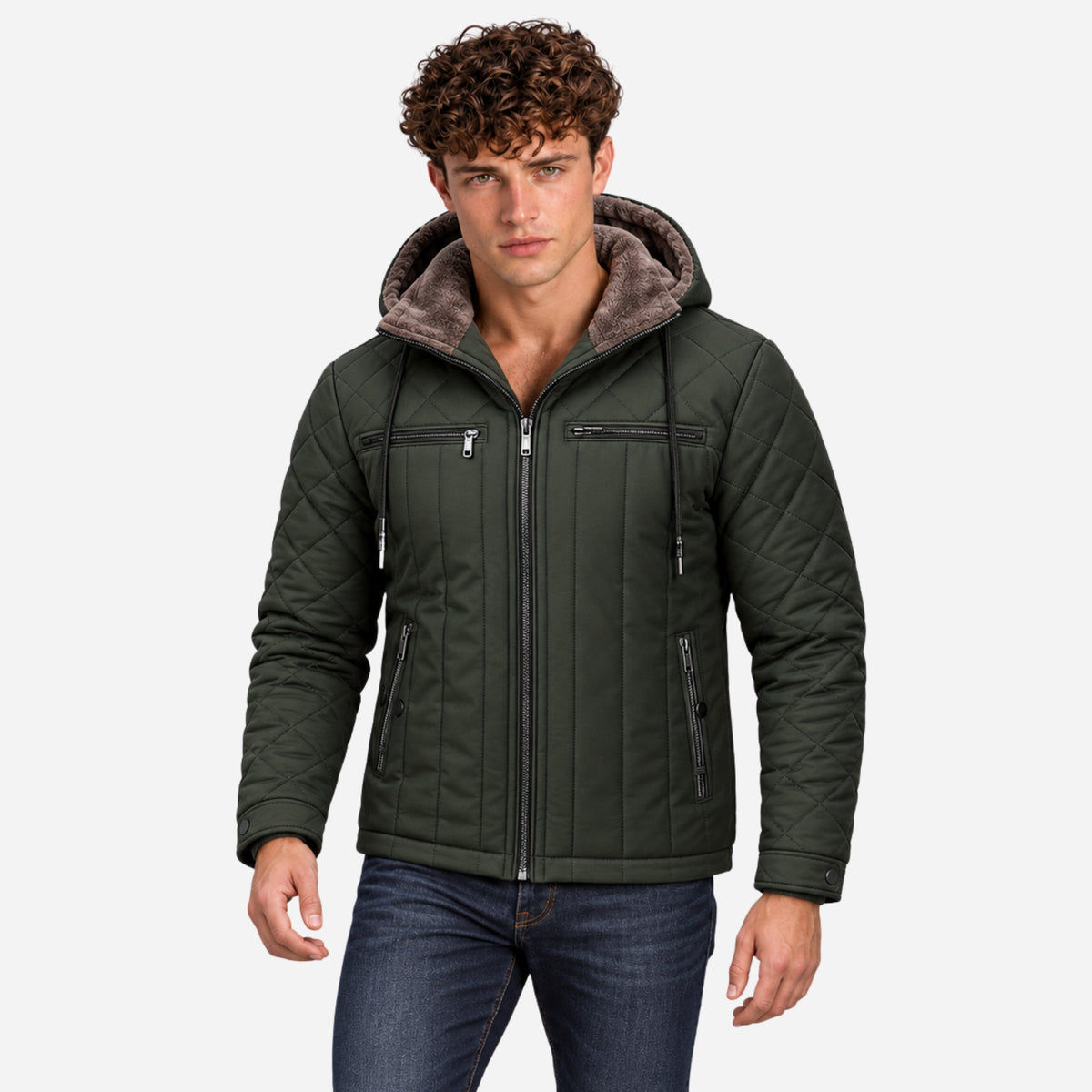Men’s Plush-Lined Multi-Pocket Quilted Hooded Jacket-Fowsa