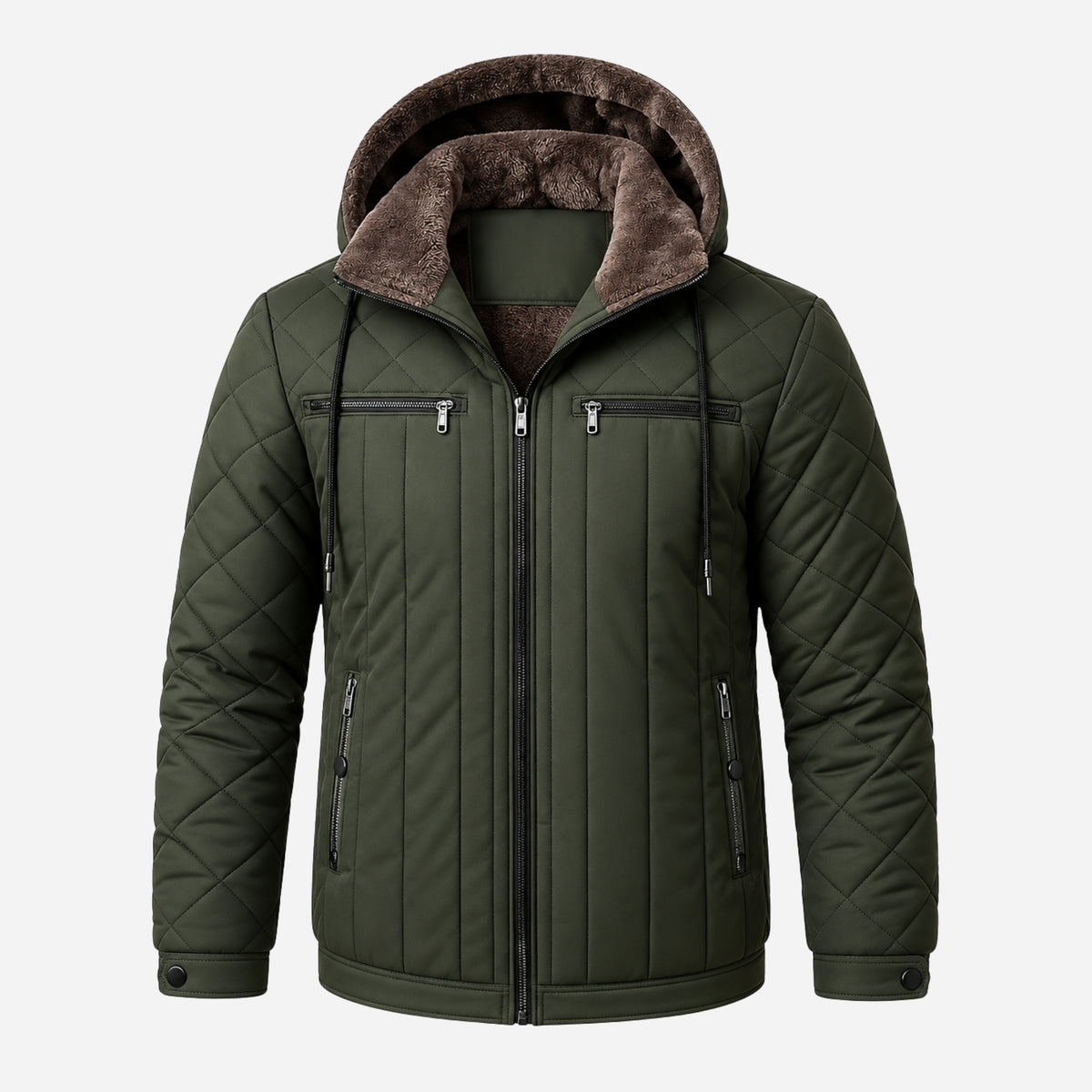 Men’s Plush-Lined Multi-Pocket Quilted Hooded Jacket-Fowsa
