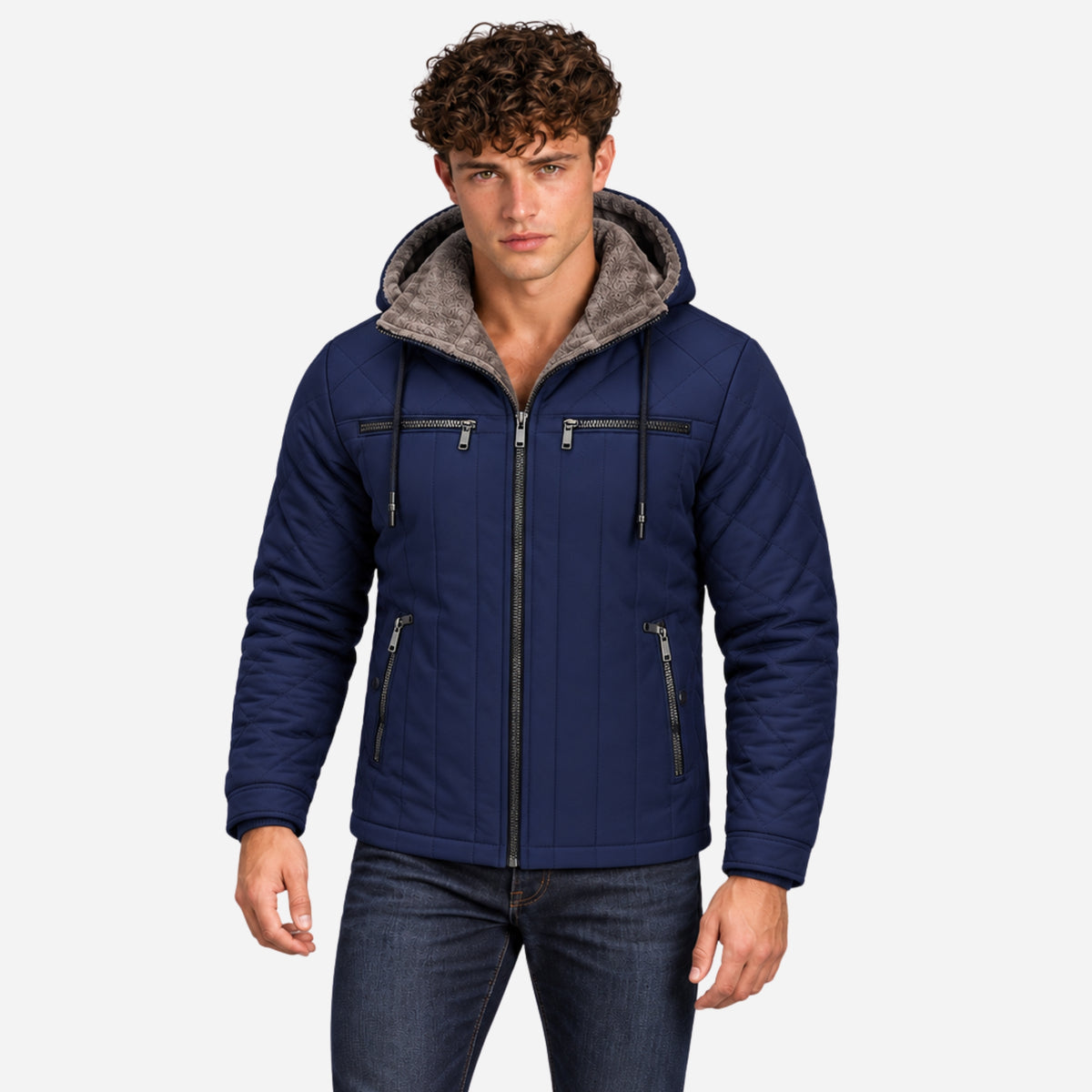 Men’s Plush-Lined Multi-Pocket Quilted Hooded Jacket-Fowsa
