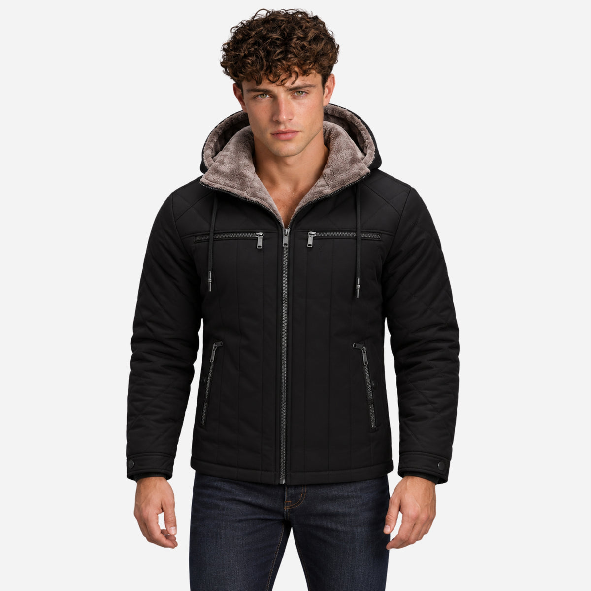 Men’s Plush-Lined Multi-Pocket Quilted Hooded Jacket-Fowsa