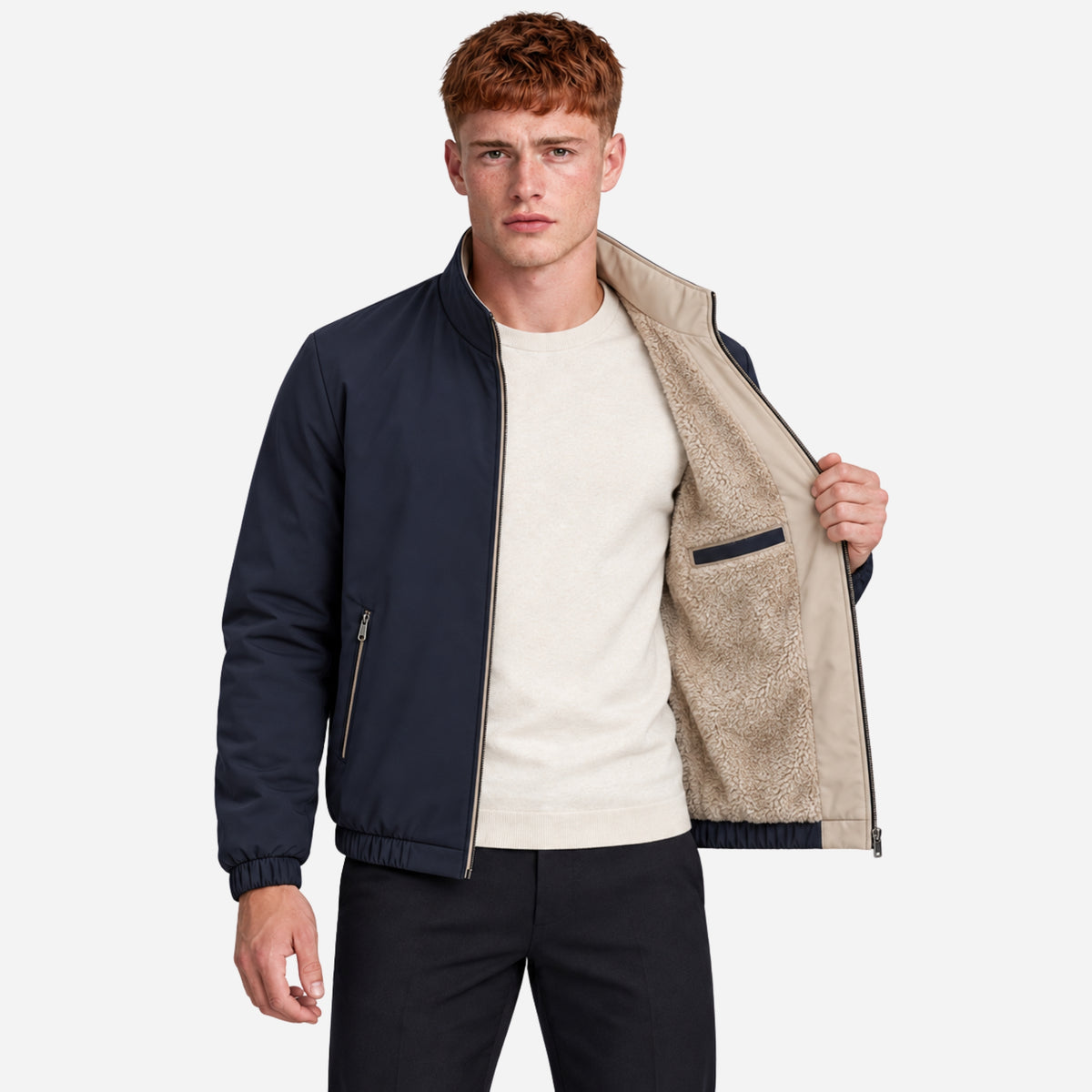 Men’s Plush-Lined Stand-Collar Full-Zip Jacket-Fowsa