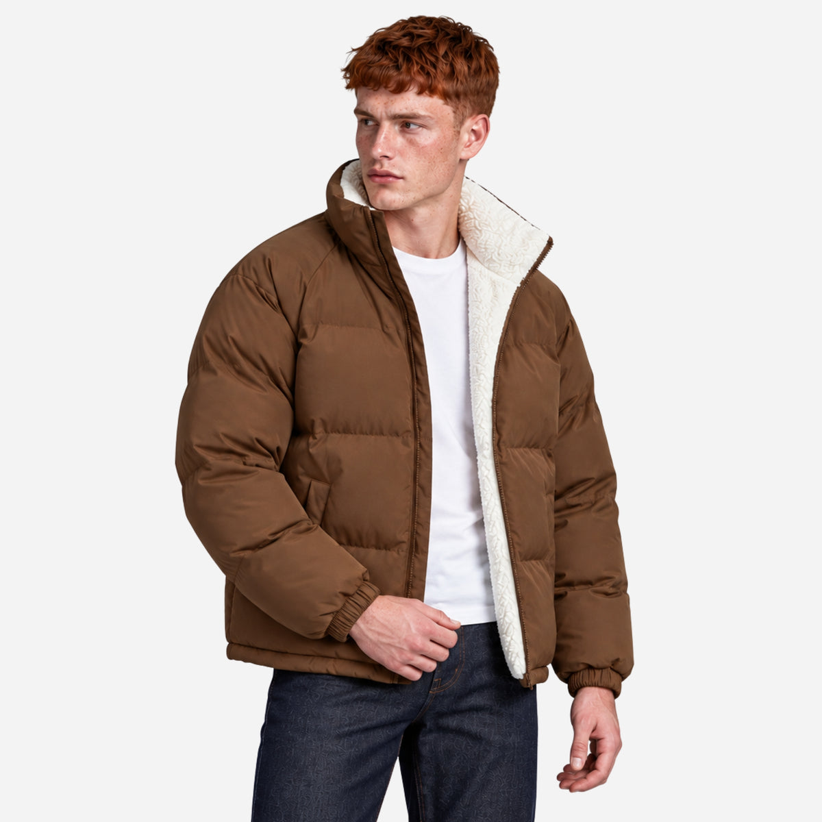 Men’s Plush-Lined Stand-Collar Puffer Jacket-Fowsa