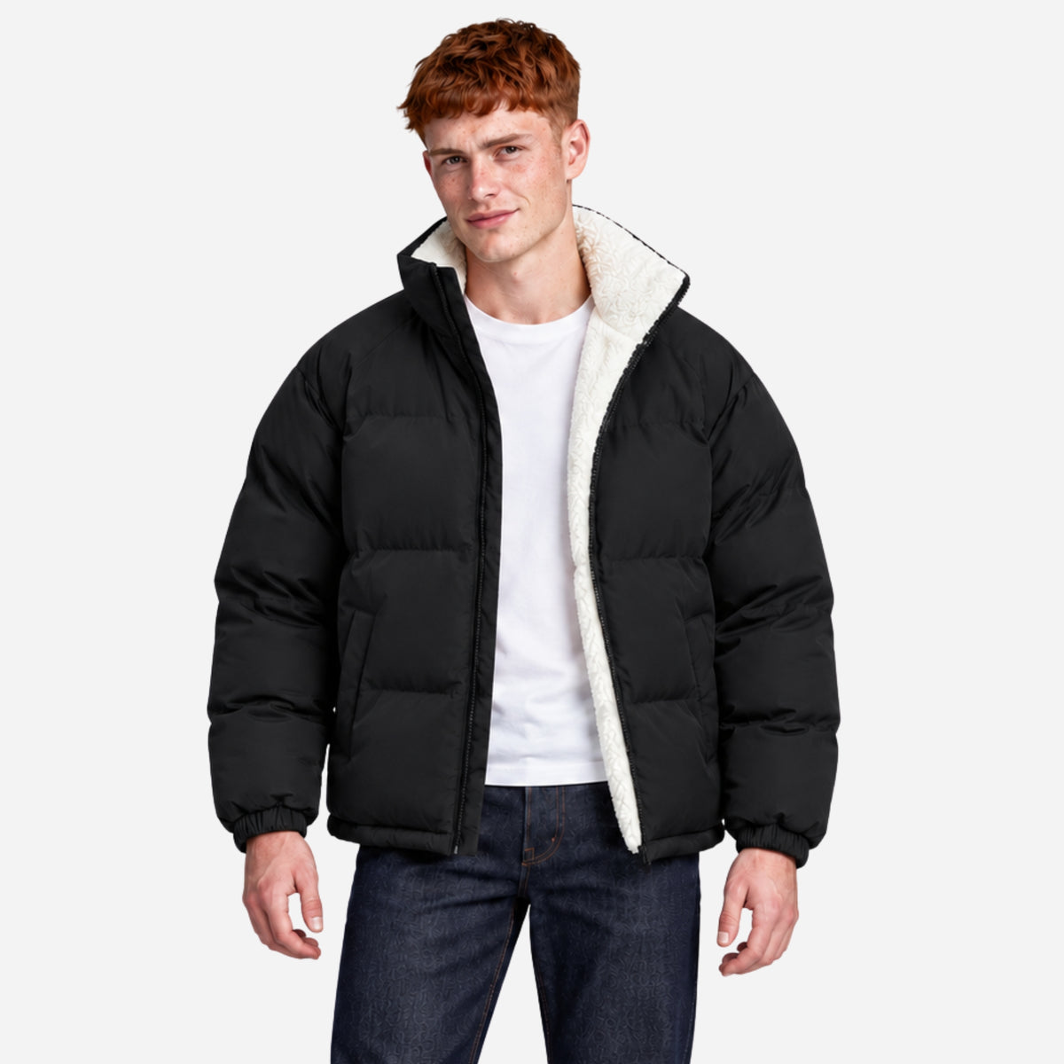 Men’s Plush-Lined Stand-Collar Puffer Jacket-Fowsa