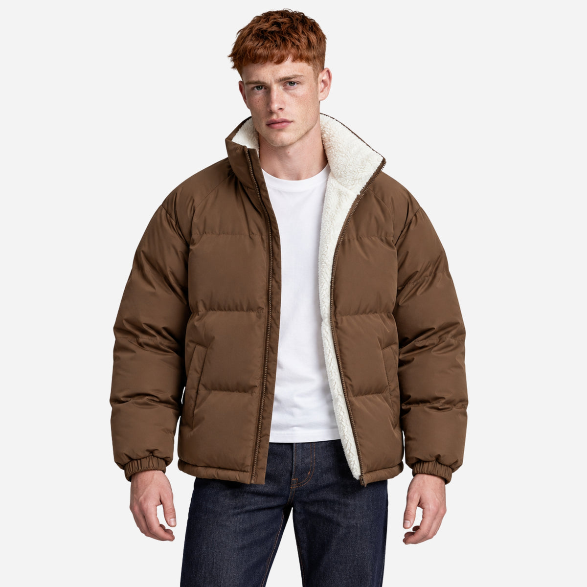 Men’s Plush-Lined Stand-Collar Puffer Jacket-Fowsa