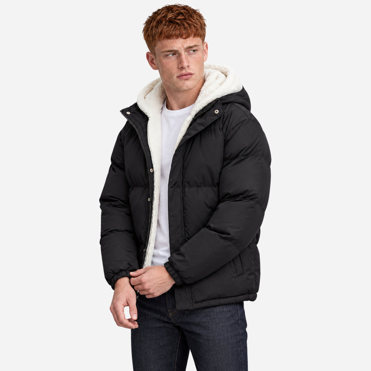 Men’s Plush-Lined Storm-Flap Hooded Puffer Jacket-Fowsa