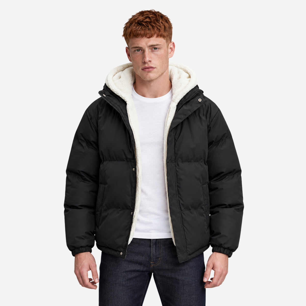 Men’s Plush-Lined Storm-Flap Hooded Puffer Jacket-Fowsa
