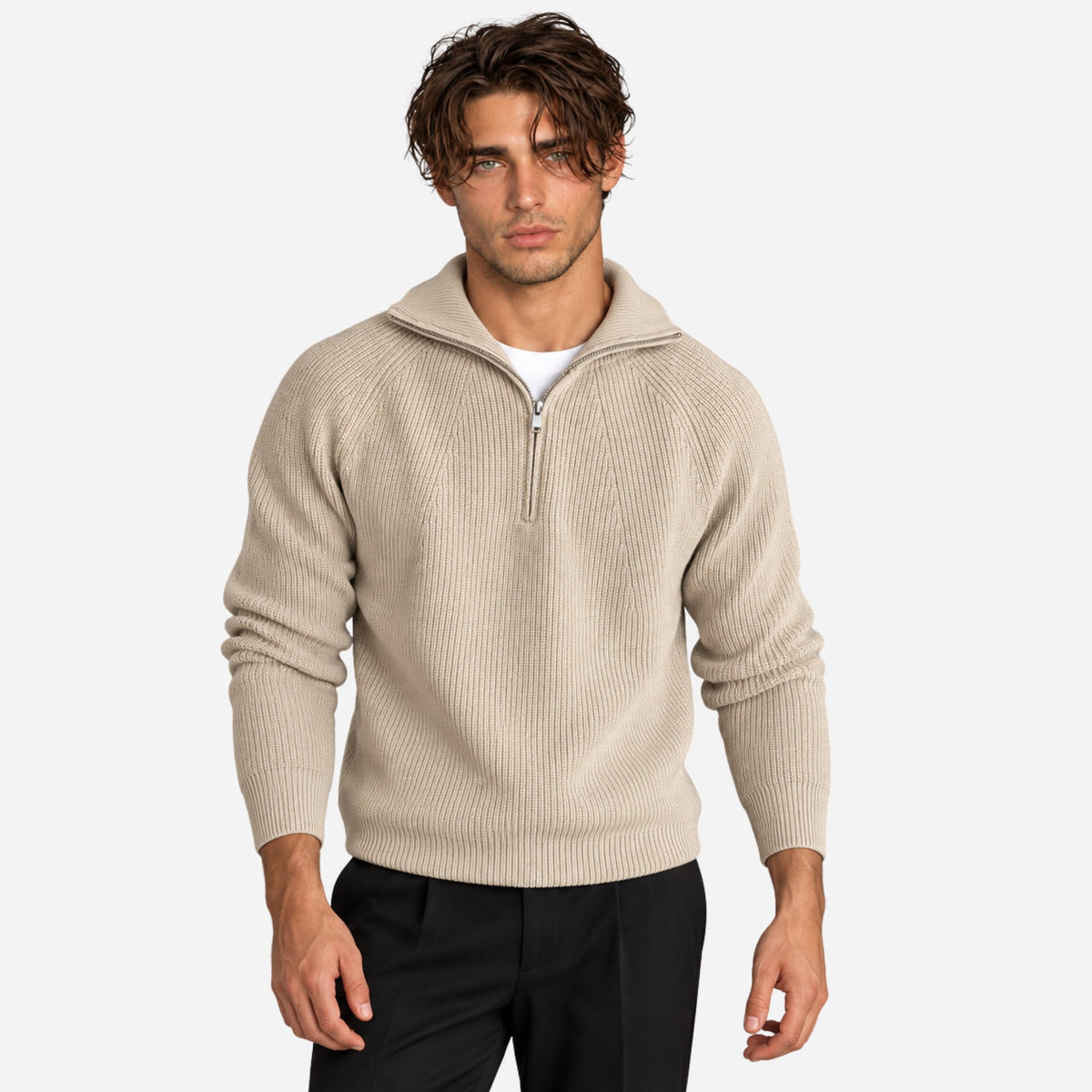 Men's Quarter-Zip Ribbed Knit Jumper-Fowsa