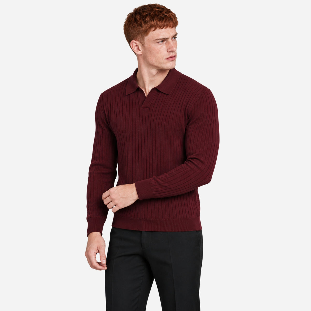 Men’s Ribbed Open-Collar Knitted Jumper-Fowsa