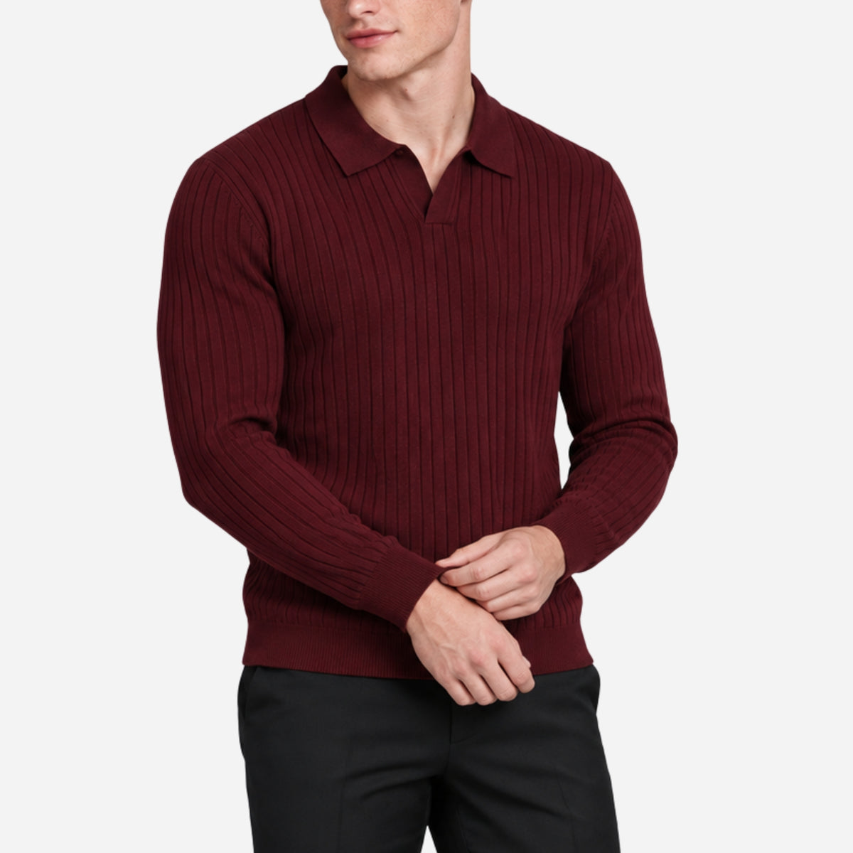 Men’s Ribbed Open-Collar Knitted Jumper-Fowsa