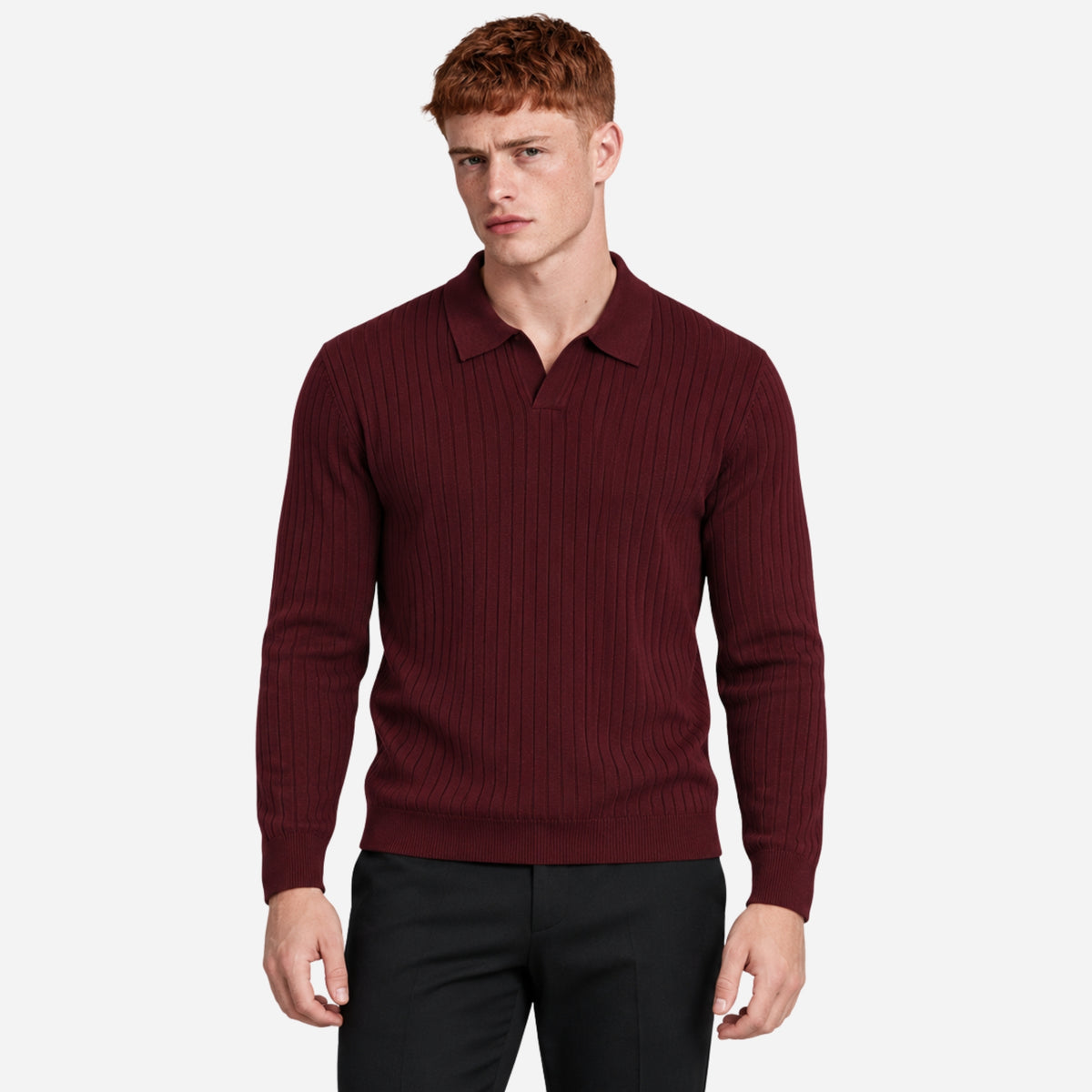 Men’s Ribbed Open-Collar Knitted Jumper-Fowsa