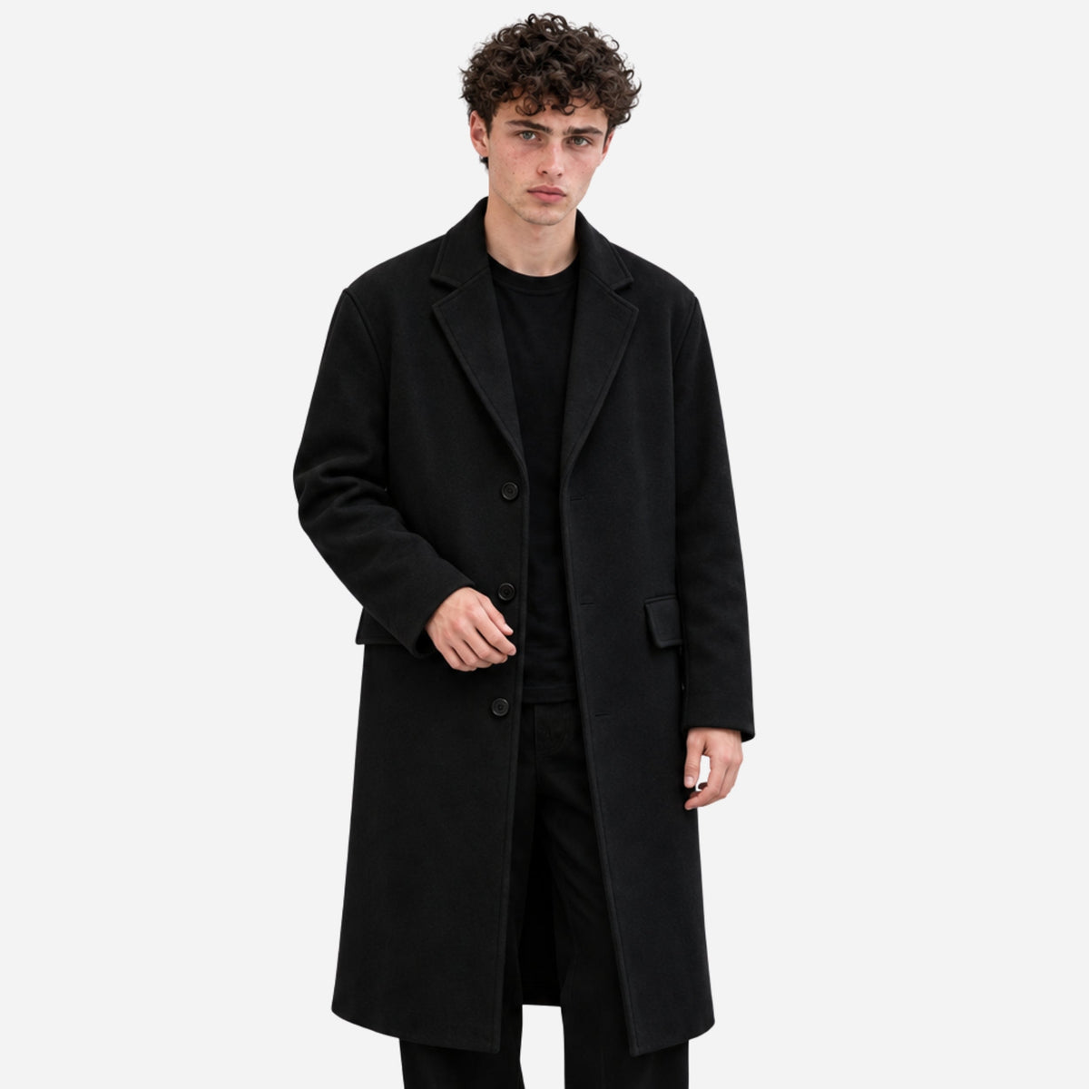 Men's Single-Breasted Notched-Lapel Long Coat-Fowsa