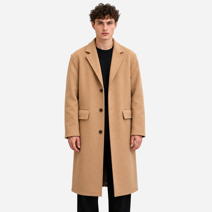 Men's Single-Breasted Notched-Lapel Long Coat
