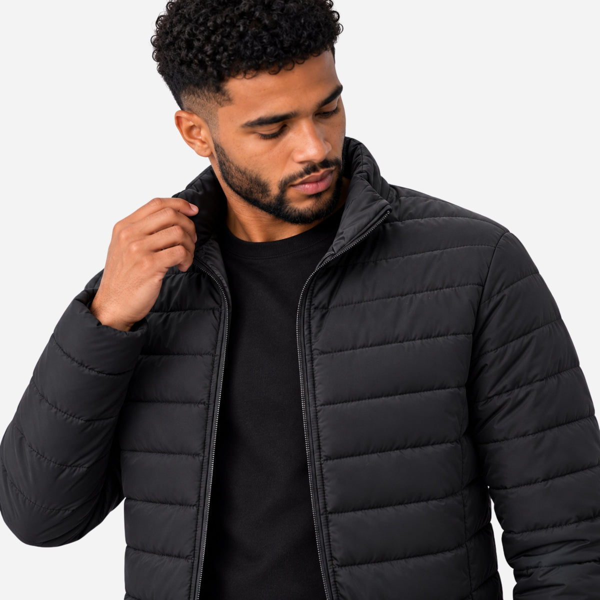 Men’s Stand Collar Quilted Puffer Jacket-Fowsa
