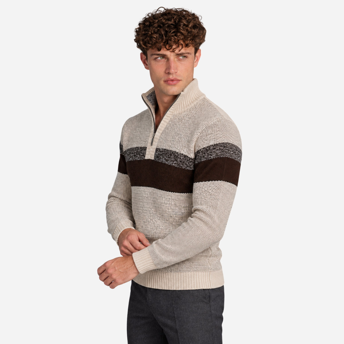 Men’s Striped Half-Zip Stand Collar Jumper-Fowsa