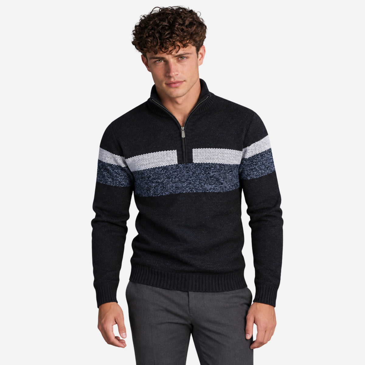 Men’s Striped Half-Zip Stand Collar Jumper-Fowsa