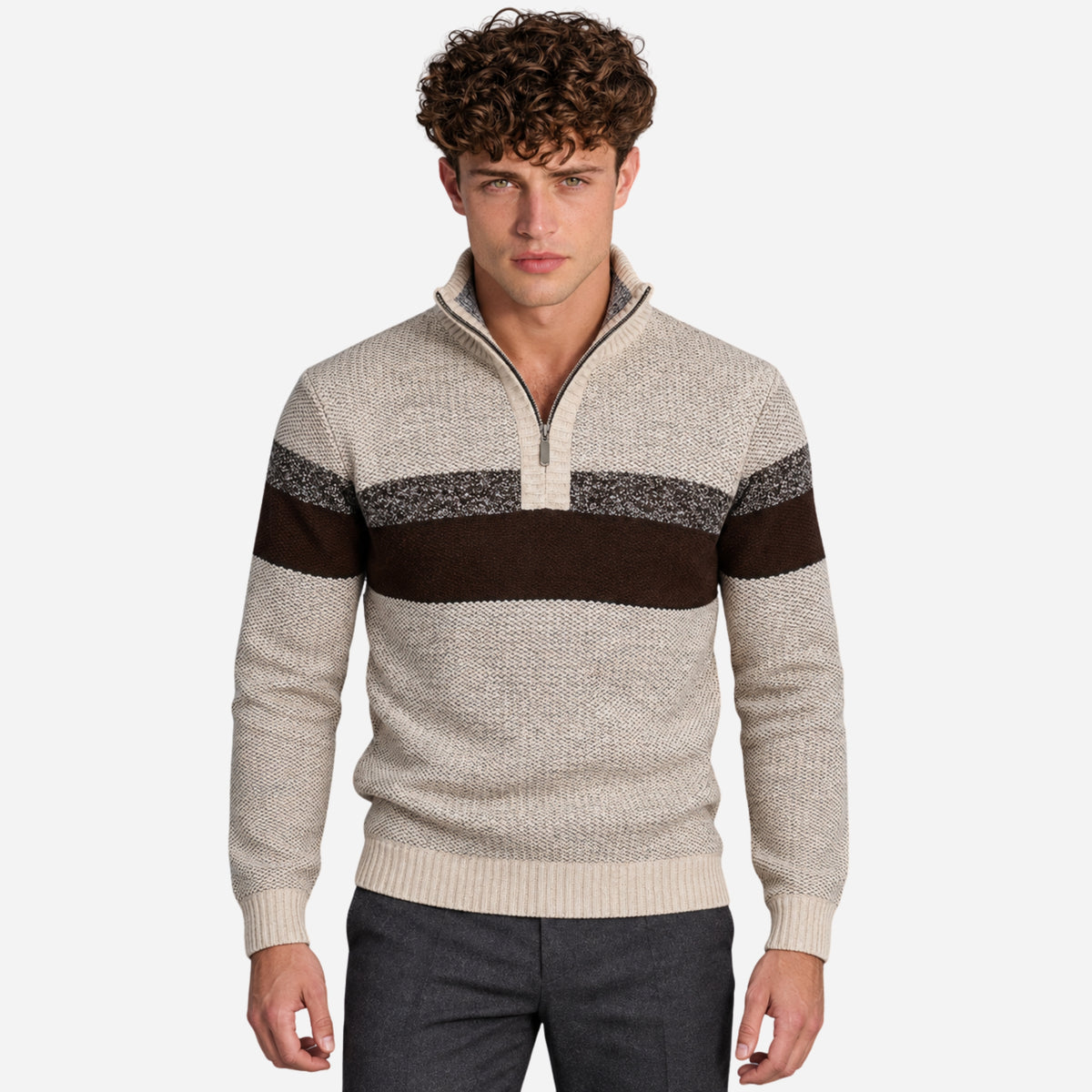 Men’s Striped Half-Zip Stand Collar Jumper-Fowsa