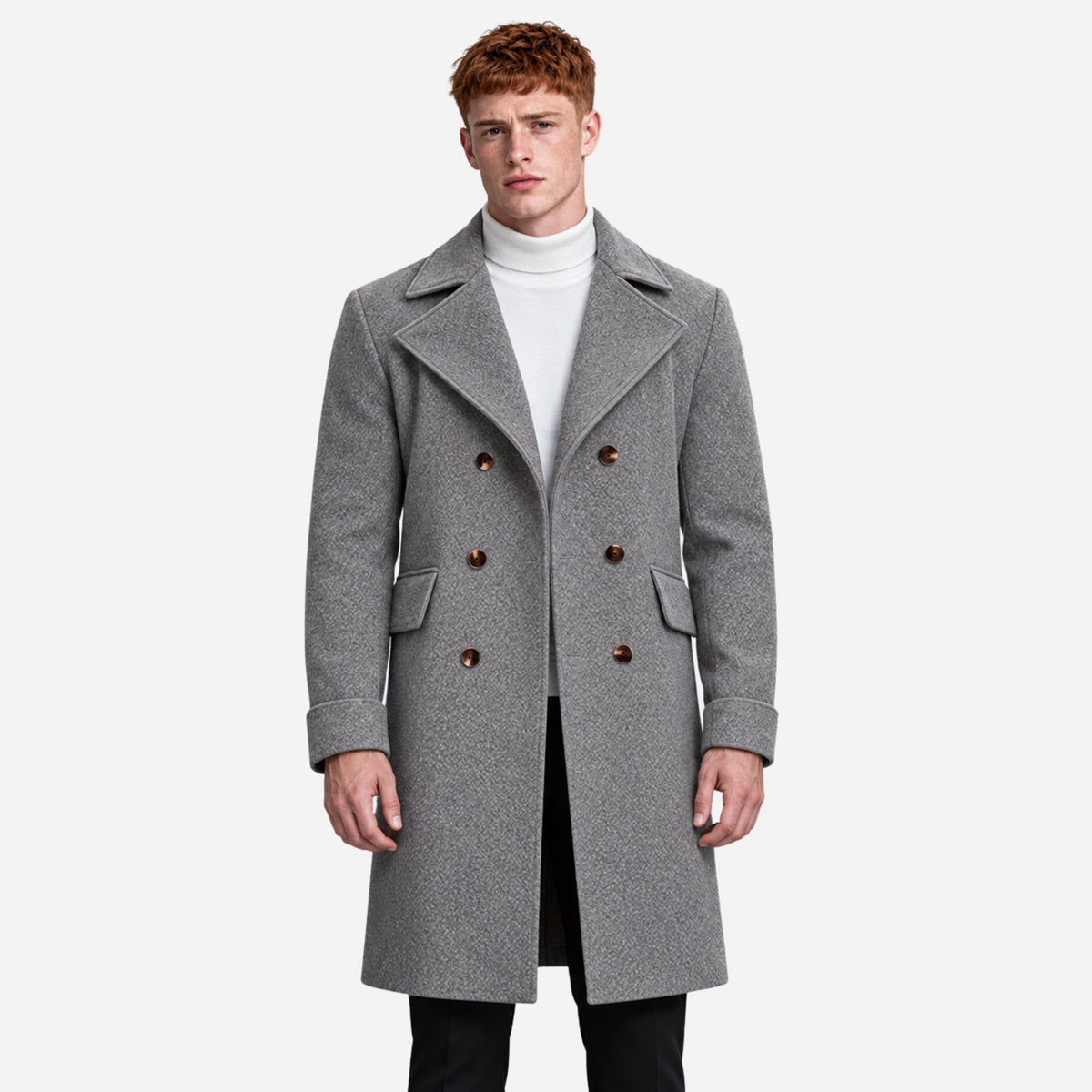 Men’s Wide-Lapel Double-Breasted Mid-Length Coat-Fowsa