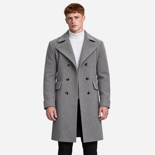 Men’s Wide-Lapel Double-Breasted Mid-Length Coat-Fowsa