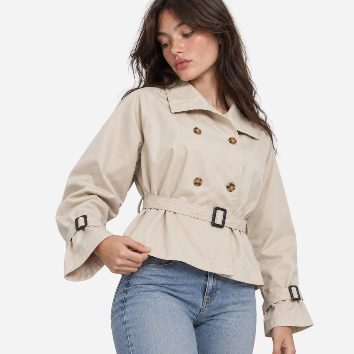 Women's Belted Double-Breasted Trench Coat-Fowsa