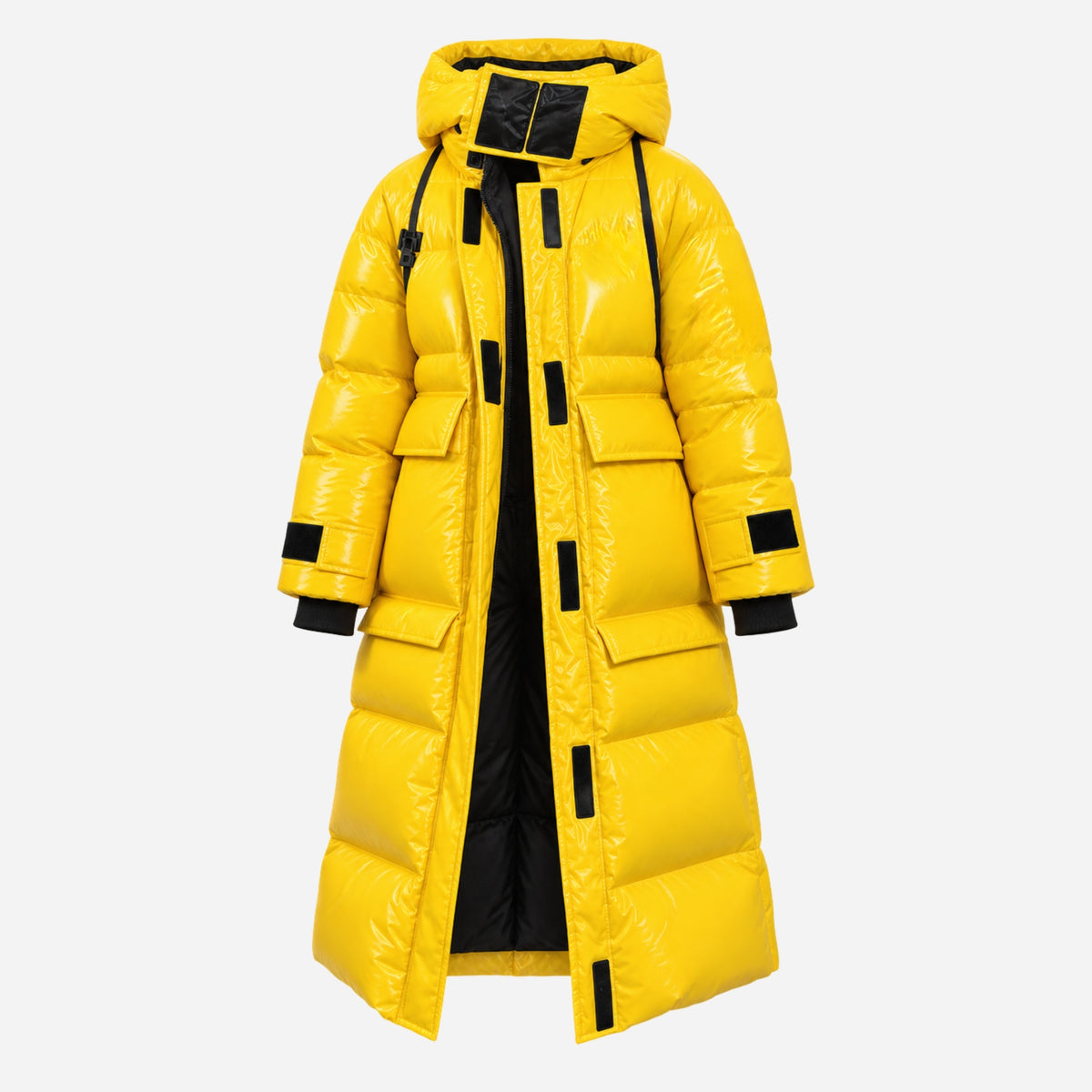 Women's Glossy Hooded Long Puffer Coat-Fowsa