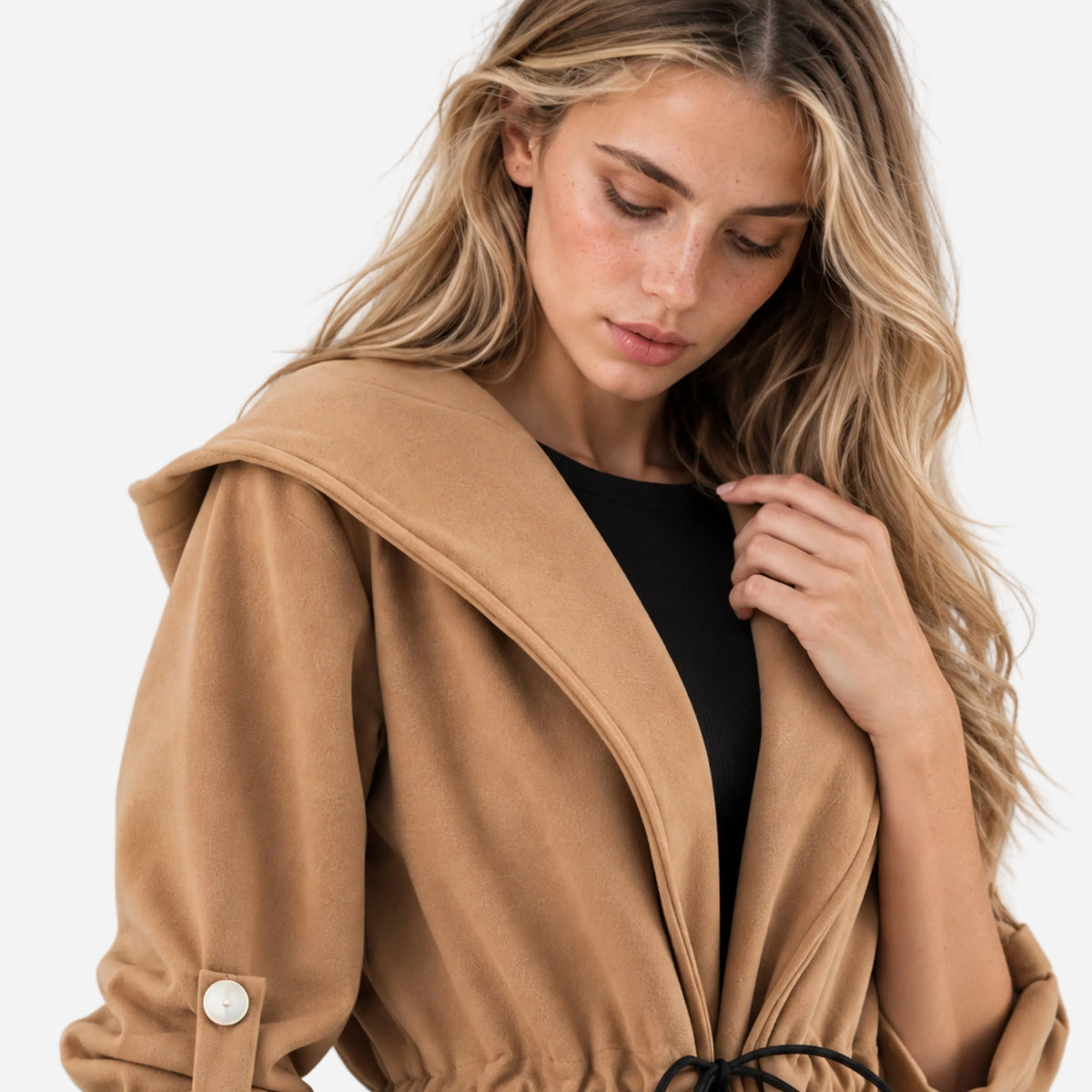 Women's Hooded Tie Waist Duffle Coat-Fowsa