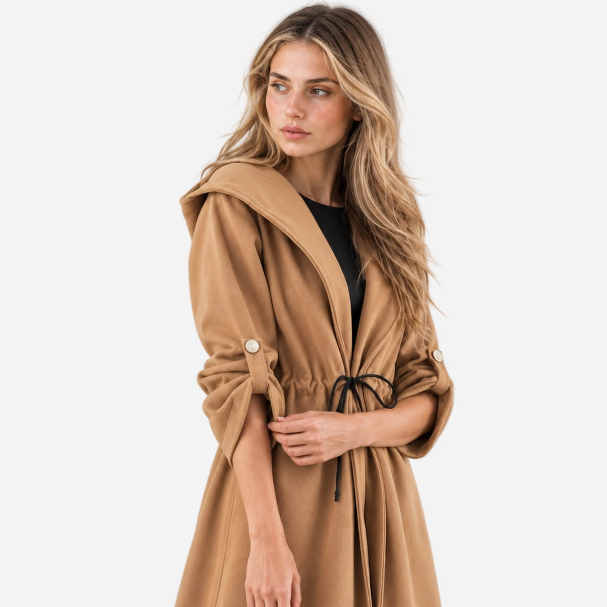 Women's Hooded Tie Waist Duffle Coat-Fowsa