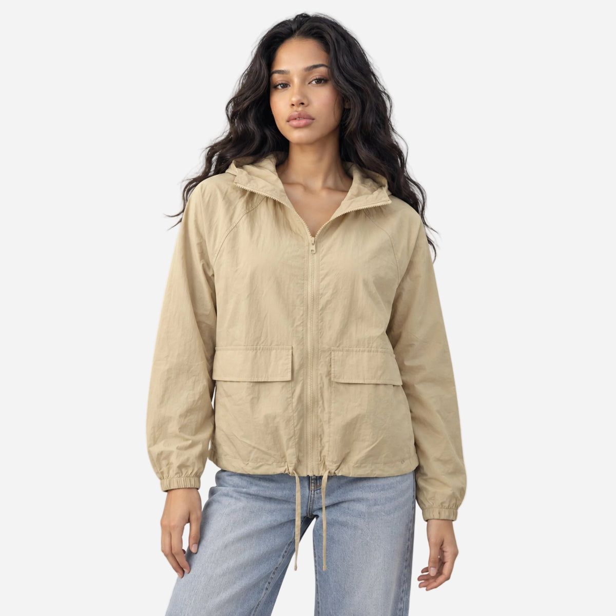 Women's Hooded Zip Front Windbreaker Jacket-Fowsa