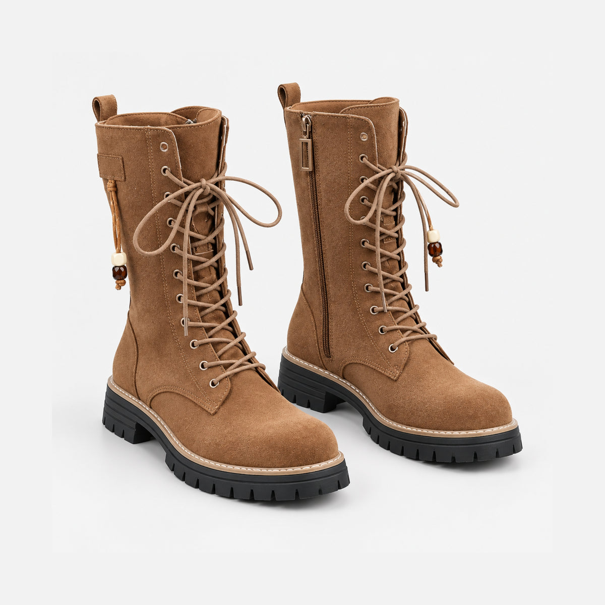 Women's Lace-Up Side-Zip Mid-Calf Boots- Fowsa