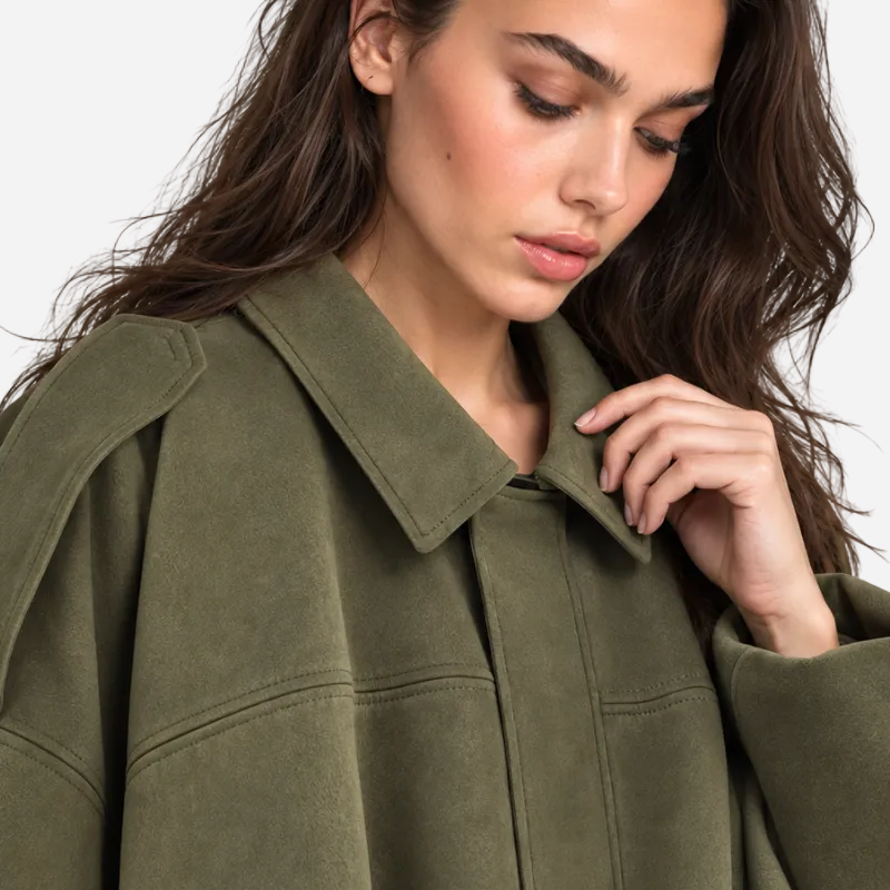 Women's Suede Collared Zip Jacket-Fowsa