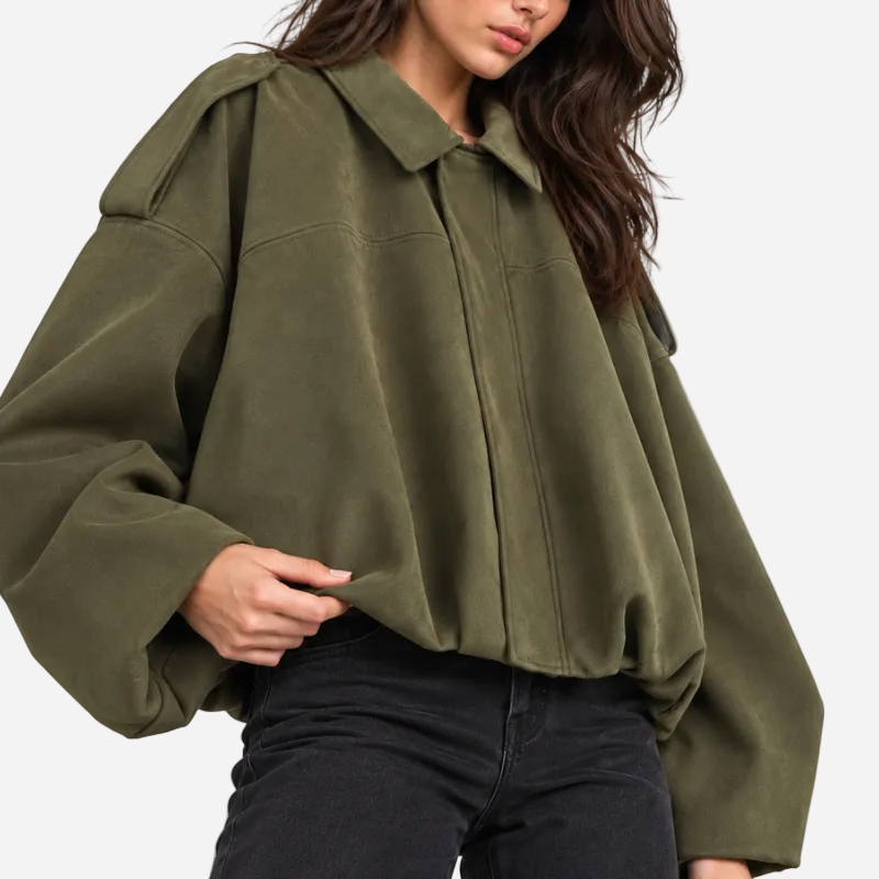 Women's Suede Collared Zip Jacket-Fowsa